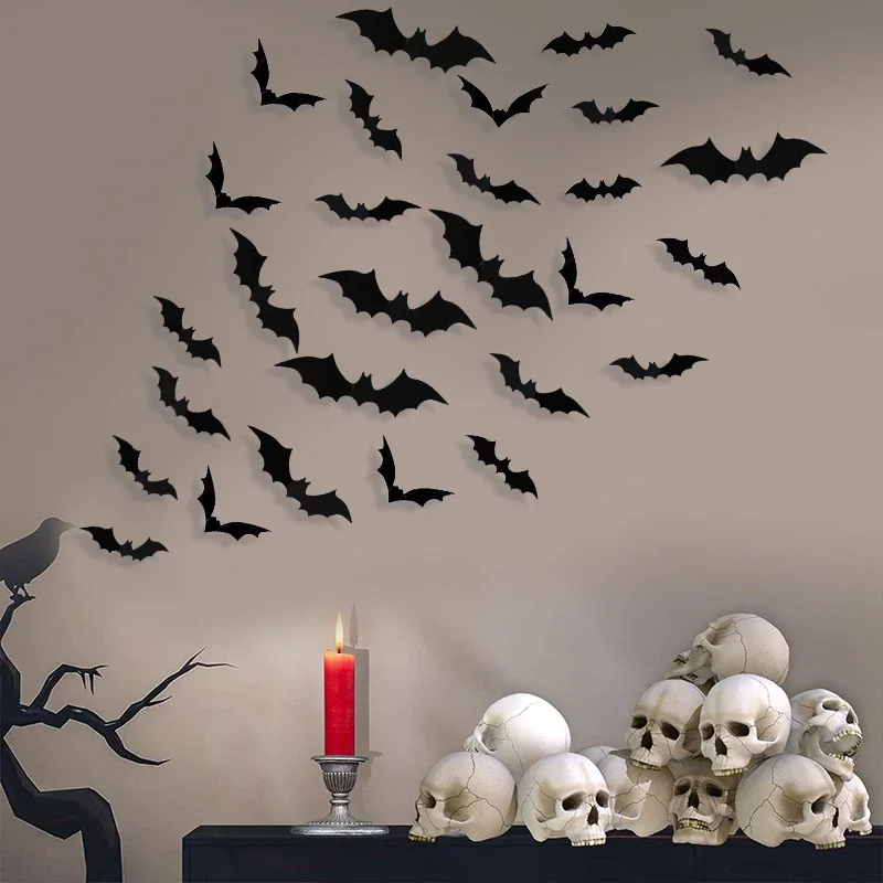 12/60PCS 3D Waterproof Black Bat Halloween Decorative Wall Stickers Holiday Home Decoration Stickers