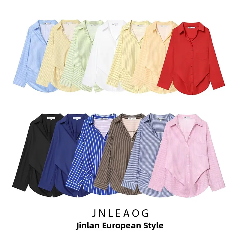 

JNLEAOG Новая весенняя женская модная повседневная рубашка с рукавами «летучая мышь», в полоску, из полиэстера, приталенная, с длинными рукавами, стандартной длины, на пуговицах