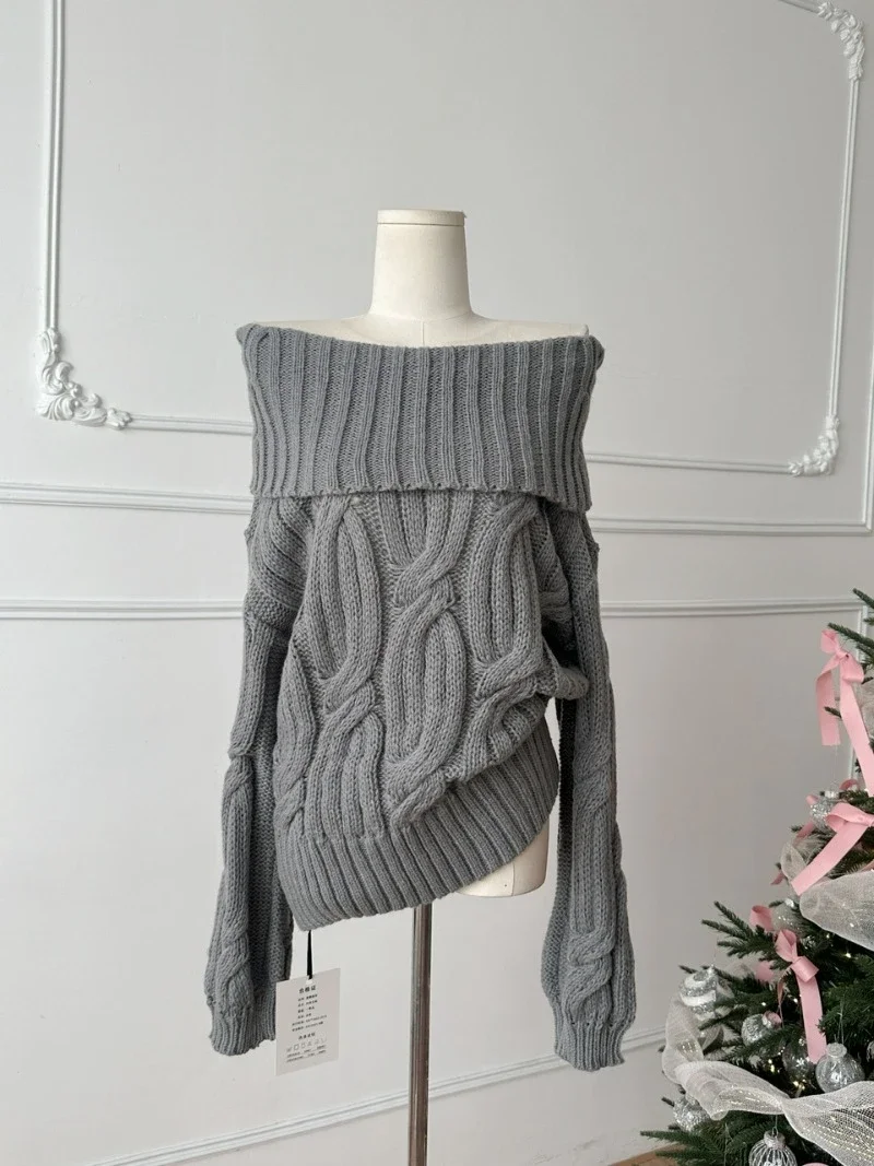 KBQ Minimalist Backless Loose Christmas Sweater For Women Slash Neck Off The Shoulder Sleeve Knitting Pullover Sweater Female