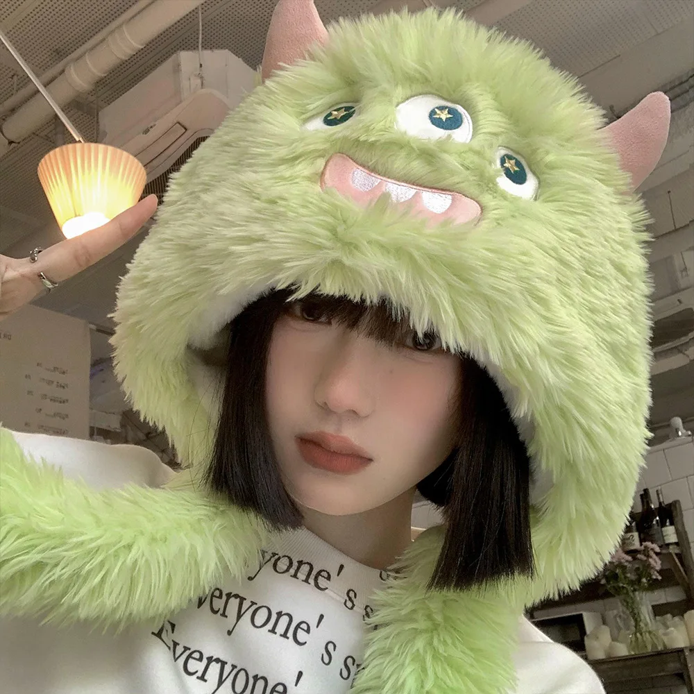 Cute and Funny Plush Monster Trapper Hat Female Winter Warm Thick Cold Fluffy Earflap Cap Cartoon Ugly Cute Earmuffs Bomber Hat