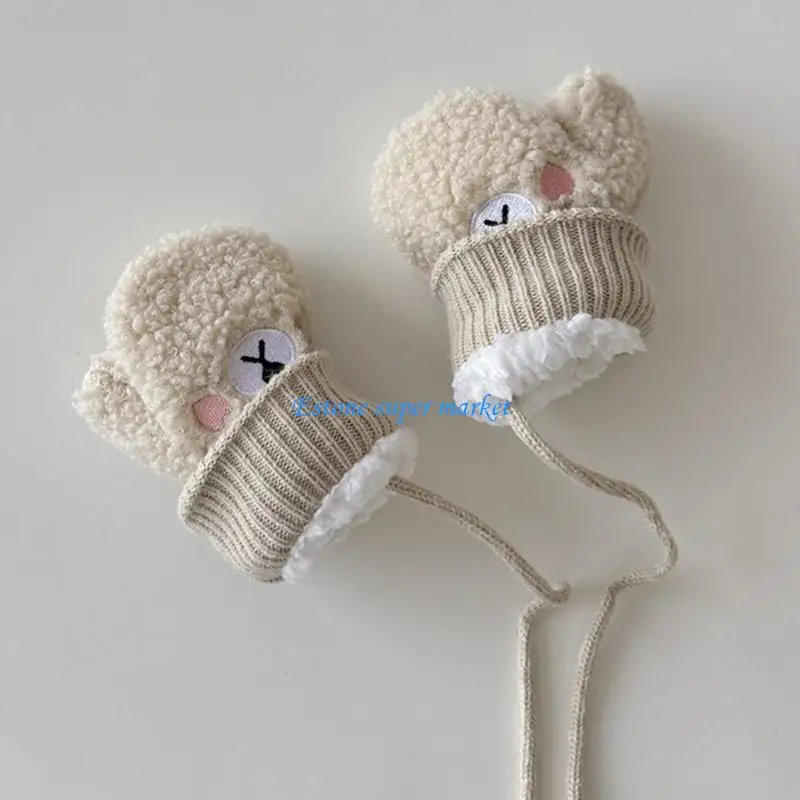090B 1 Pair 1-4Yrs Thermal Baby Gloves Animal Design Convenient Hanging Cord Mittens