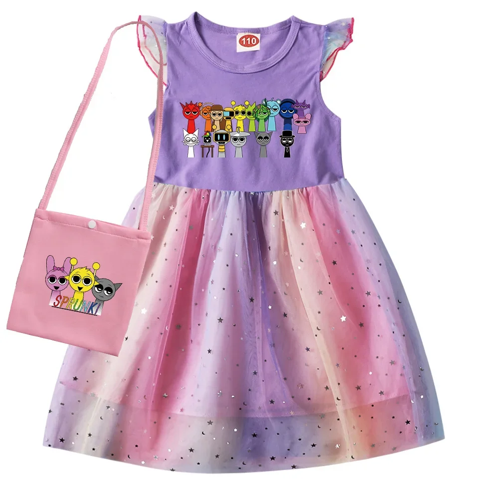 New Summer Kids Girls Cute Sprunki Cartoon Dress Catnap Sleeveless Mesh Princess Dresses Baby Flower Birthday Vestidos