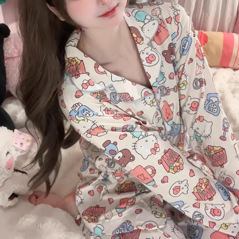 Hot Miniso Female Long Sleeves Pajamas Suit Spring and Autumn Kawaii Hello Kitty Comic Student Fashion Easy Leisure Wear New Kit