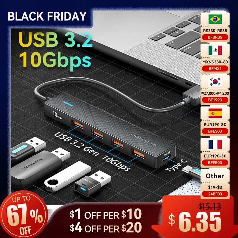

Vention New USB 3.2 Gen2 HUB 5 Ports Splitter 10Gbps USB A Type C HUB Multiport Adapter Laptop Expansion Desktop PC Accessories