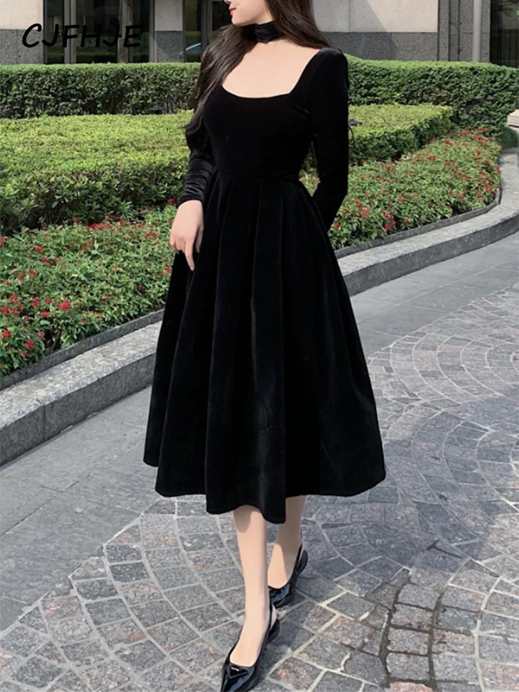 CJFHJE-Robe Mi-Longue en Velours Noir pour Femme, Tenue de Soirée, Vintage, Élégante, Française, Coréenne, une Pièce, Nouvelle Collection Automne Hiver