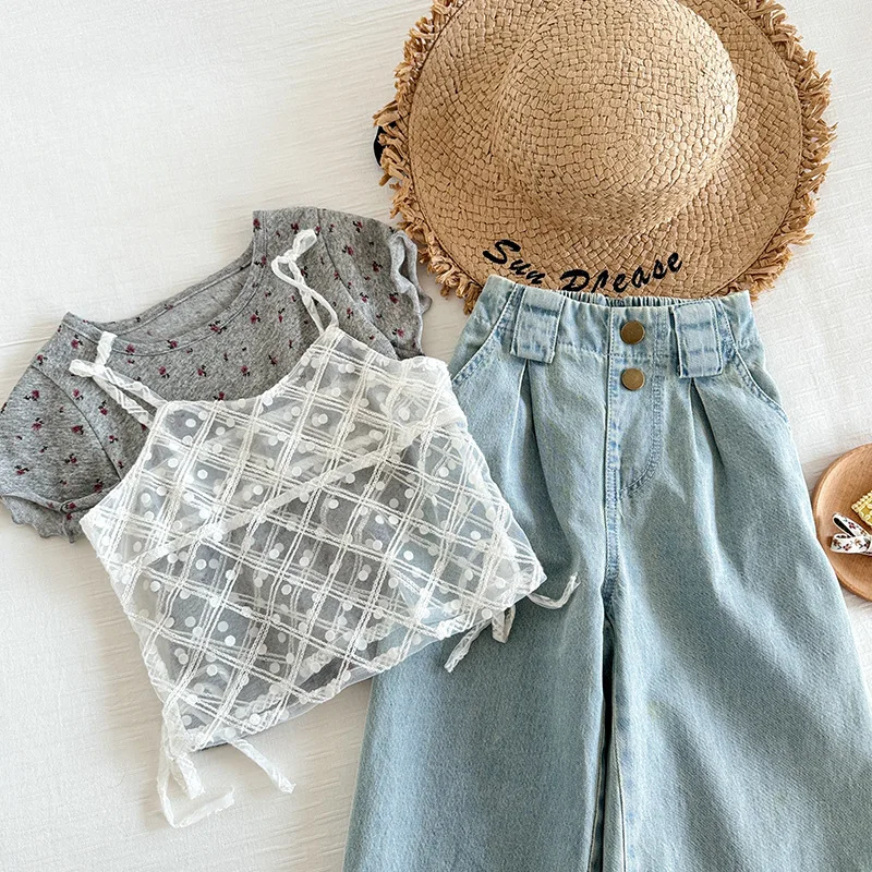 

Girls Two-piece Set 2024 Summer New Childrens Clothes Korean Style Cute Lace Suspenders Two-piece Set Casual Simple and Match