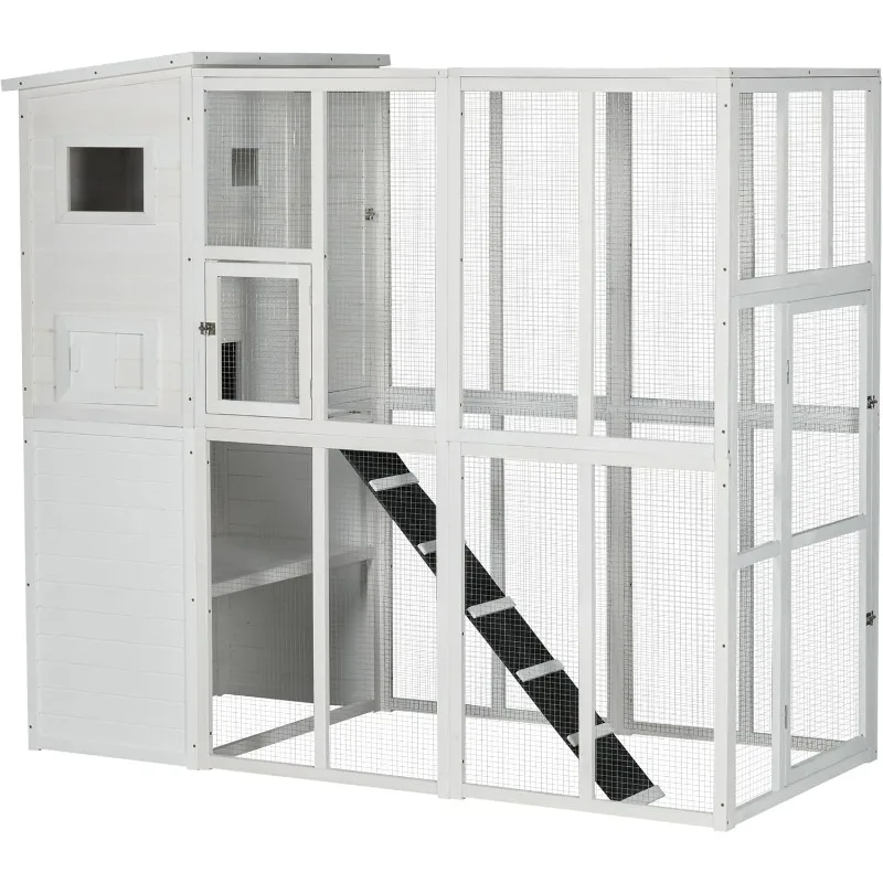 

Открытый котео, кошачий домик, деревянный фермерский кошачий приют, клетка для кошек с платформами, водонепроницаемая асфальтовая крыша, рампы, 77 дюймов, белый