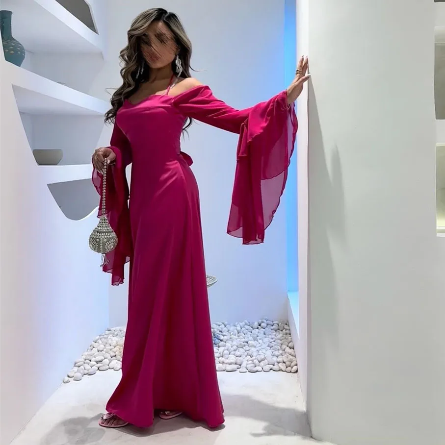 

Saudi Arabia Evening Dresses For Women Fuschia Chiffon فساتين مناسبة رسمية Long Sleeves Formal Gowns Elegant Prom Dress 2024