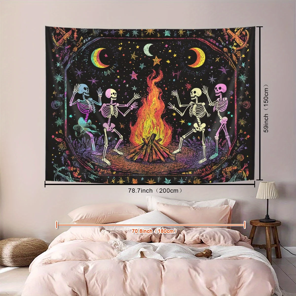 VIKAMA Halloween-Party-Wandteppich, bunter Totenkopf, Lagerfeuer, Sternenhimmel, Wohnzimmer, Partyzimmer, dunkler Stil, dekorative Kunstwand