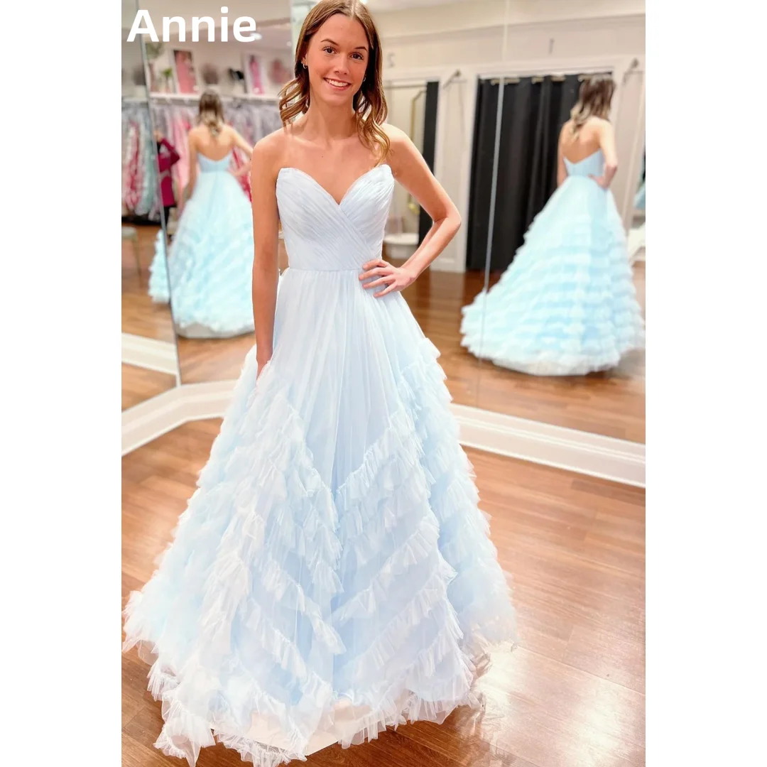 Annie Sky Blue Sweet Prom Dress Strapless Tulle Fairy Evening Dresses Wedding Dress Formal Occasions Dresses Vestidos De Noche