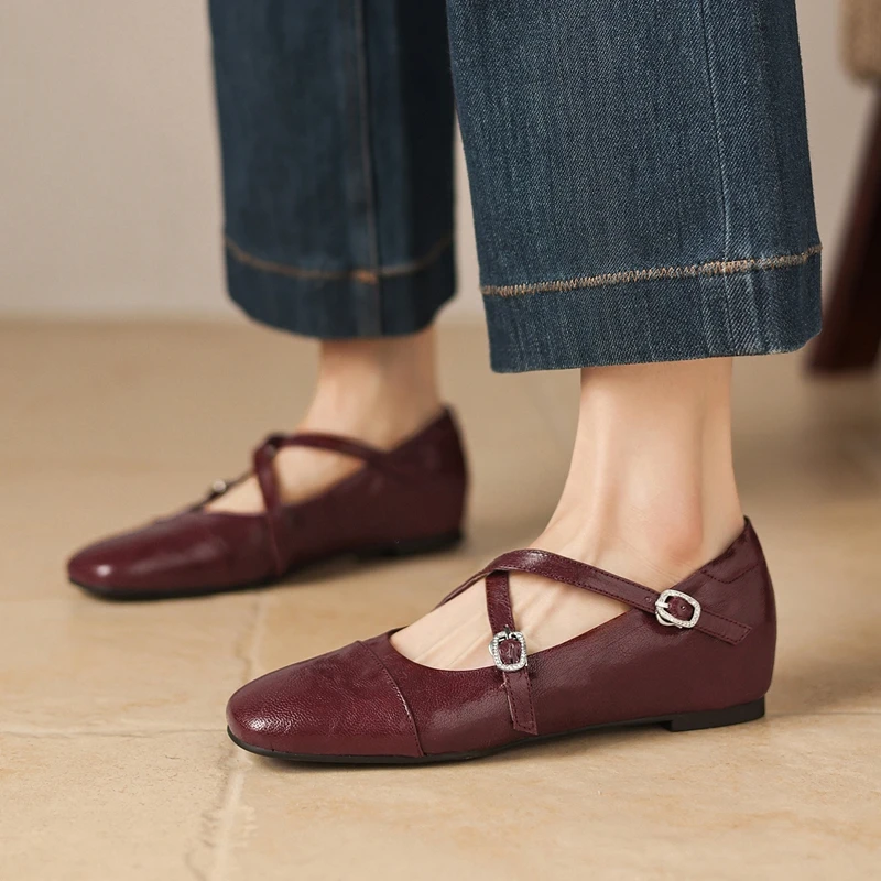 

Women's New Spring and Autumn Genuine Leather Sheepskin Metal Belt Buckle Mid Heel Large Mary Jane Shoes Casual Fashion Shoes