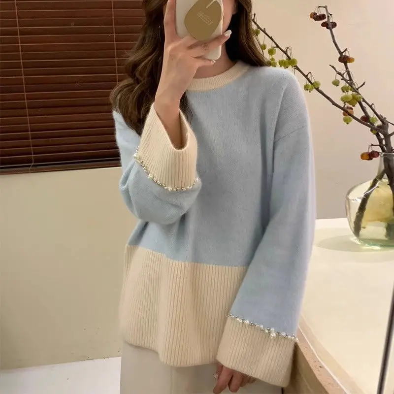 

French Style Vintage Spliced Sweaters Autumn Winter Contrasting Colors Women's Clothing O-Neck Fashion Beading Knitted Jumpers