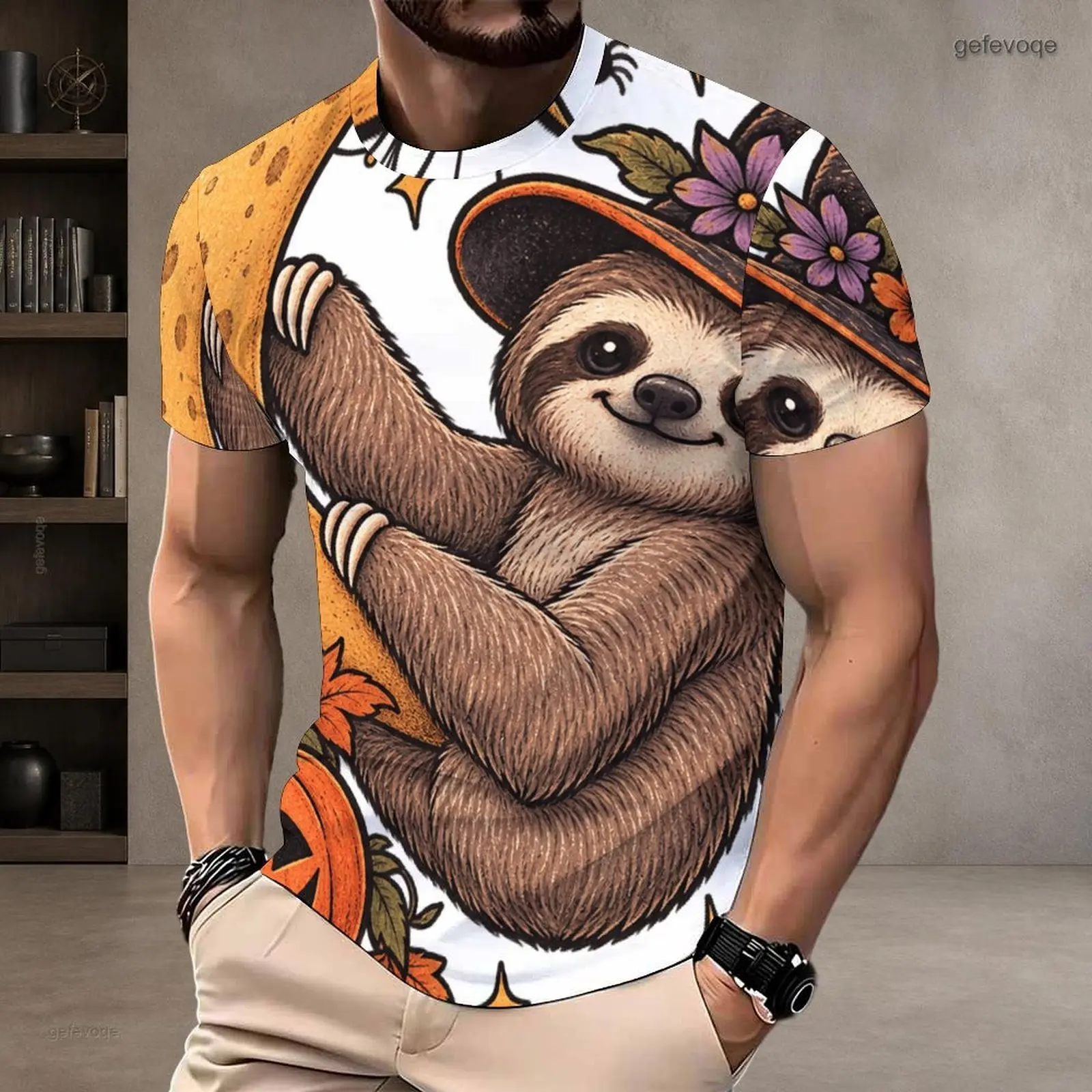 Men Round Neck Short Sleeve T-Shirt, Printed Cute Witch Hat Sloth Pumpkin Floral Graphic Tee