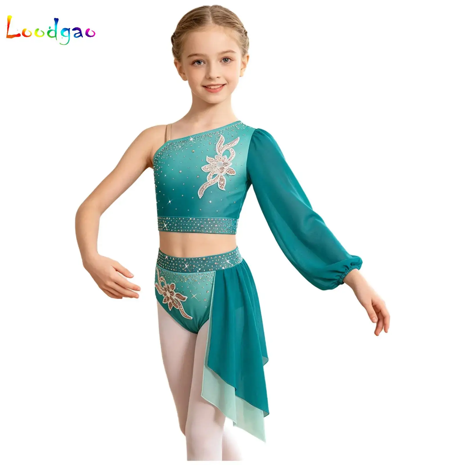 

Kids Girls 2Pcs/Sets Ballet Dance Performance Costume Rhinestones Gymnastics Jersey One Shoulder Crop Top with Irregular Skirt