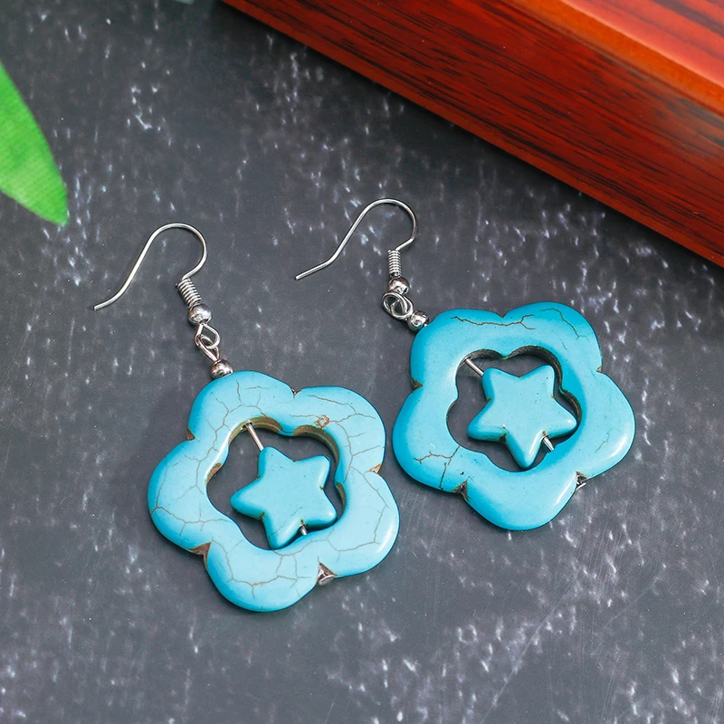Böhmische türkisfarbene Stern-Tropfenohrringe für Frauen und Mädchen, Party, Urlaub, Schmuck, Geschenke – Detail 8