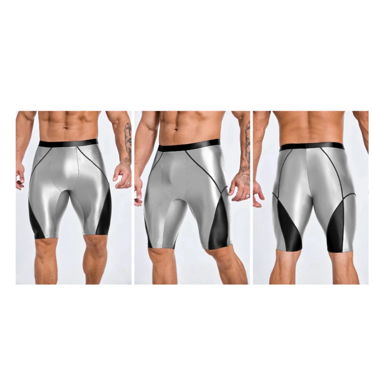 AMORESY Men Oil Glossy Satin Spandex Patchwork Knee-length Elastic Waisted Athletic Shorts Casual Fitness Wrestling Sports Pants