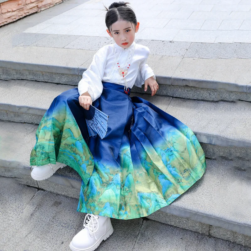 Chinese Stijl Traditionele Geplooide Rok Voor Kinderen Meisjes Mamianqun Hanfu Dunne Mode All-Match Diy Veterschoenen Lange Rokken Dagelijks