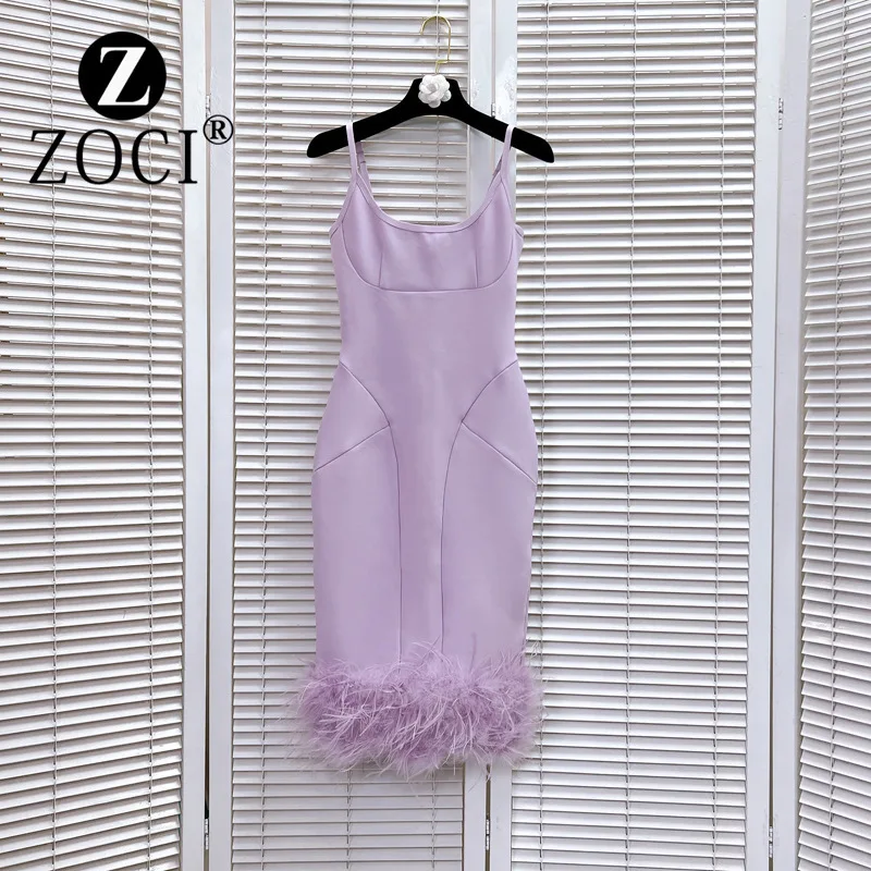 [zoci] Huo Light Purple Bandage Sling Feather Style Casual Wedding Party Evening Dress C2#1125