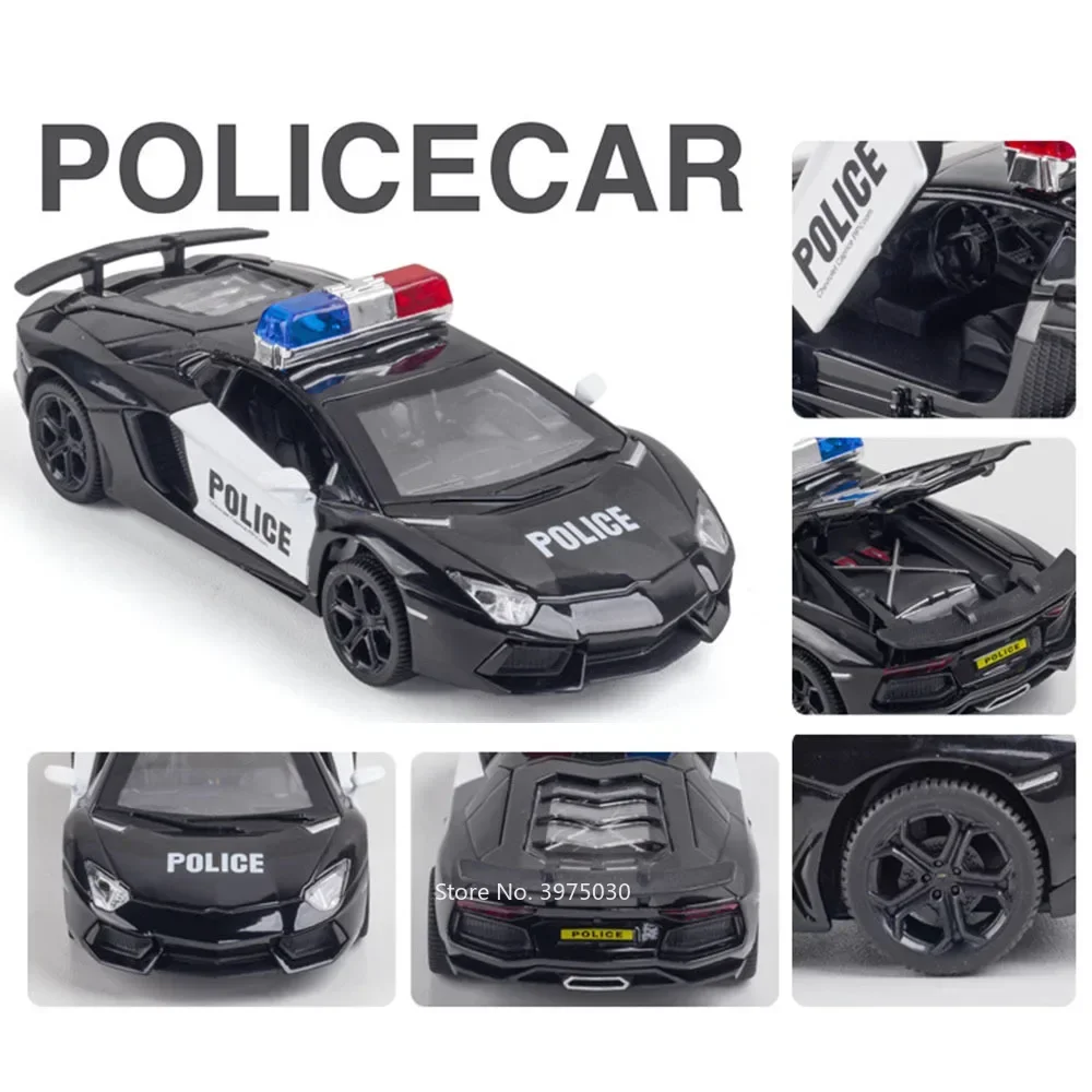 1:32 Alloy LP740 Police Cars Model Diecast Toys 3 Doors Opened Vehicle Wheel Pull Back Rubber Tires Toy Car Boy Decoration Gifts