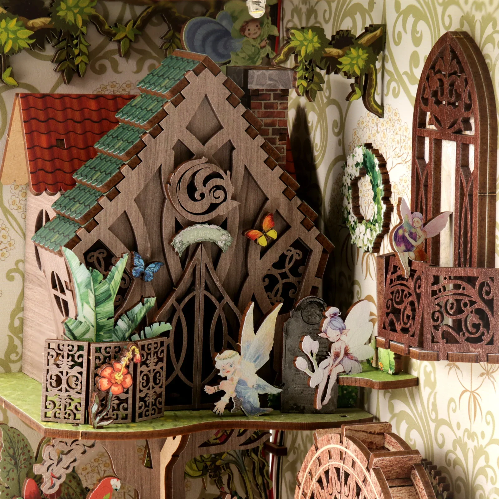 Cool DIY Book Nook Miniature House Kit Enchanted Forest Wooden Dollhouse with LED Light Bookshelf Insert Home Decor Gift - view 5