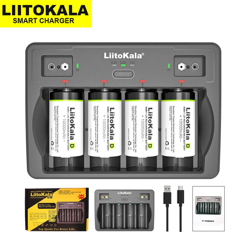 LiitoKala Lii-D4 Battery Charger for D 26650 18650 21700 18500 16340 22650 32700 AA AAA C SC 3.7V 1.2V 9V Lithium NiMH