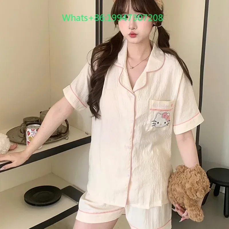 

Summer new white lapel cartoon Hello Kitty pajamas women's short sleeves long shorts loungewear three-piece set
