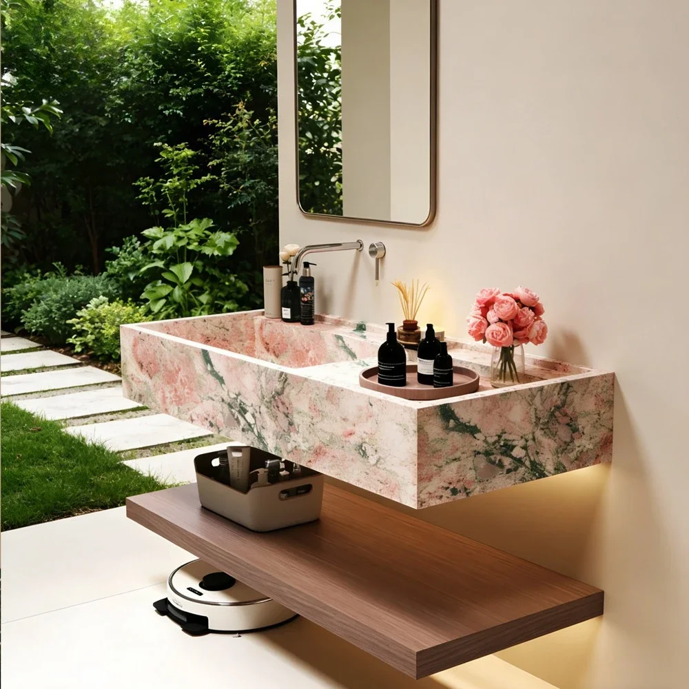 Slim Edge Marble Counter Sink High Gloss Polished Waterproof Anti Stain Wear Resistant Practical Apartment Guest Room Bathroom