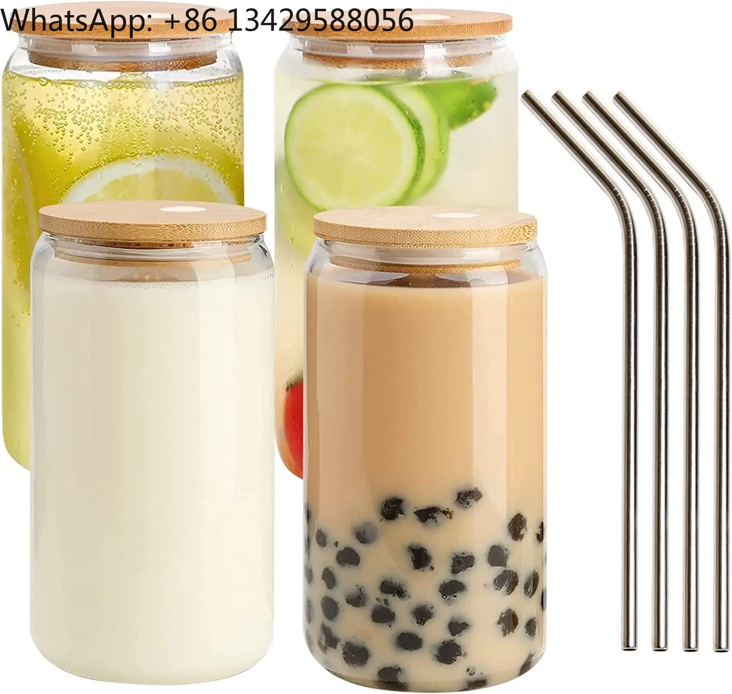

Hot Sale Boba Tea Water Beer Can Shaped Drinking Glasses 12oz 16 oz Glass Cups with Bamboo Lid and Straw