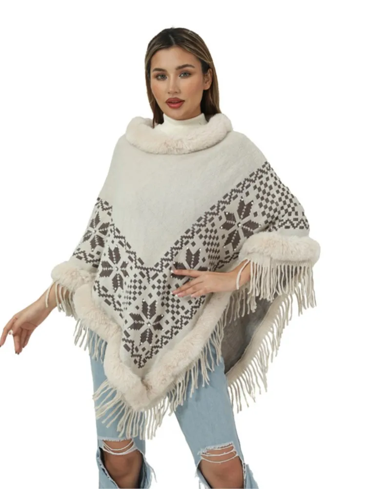 New Style Winter Streetwear Women Tassel Cape Printed Poncho Knitted O Neck Sweater Oversize Warm Pullover Tassel Hem Sweater