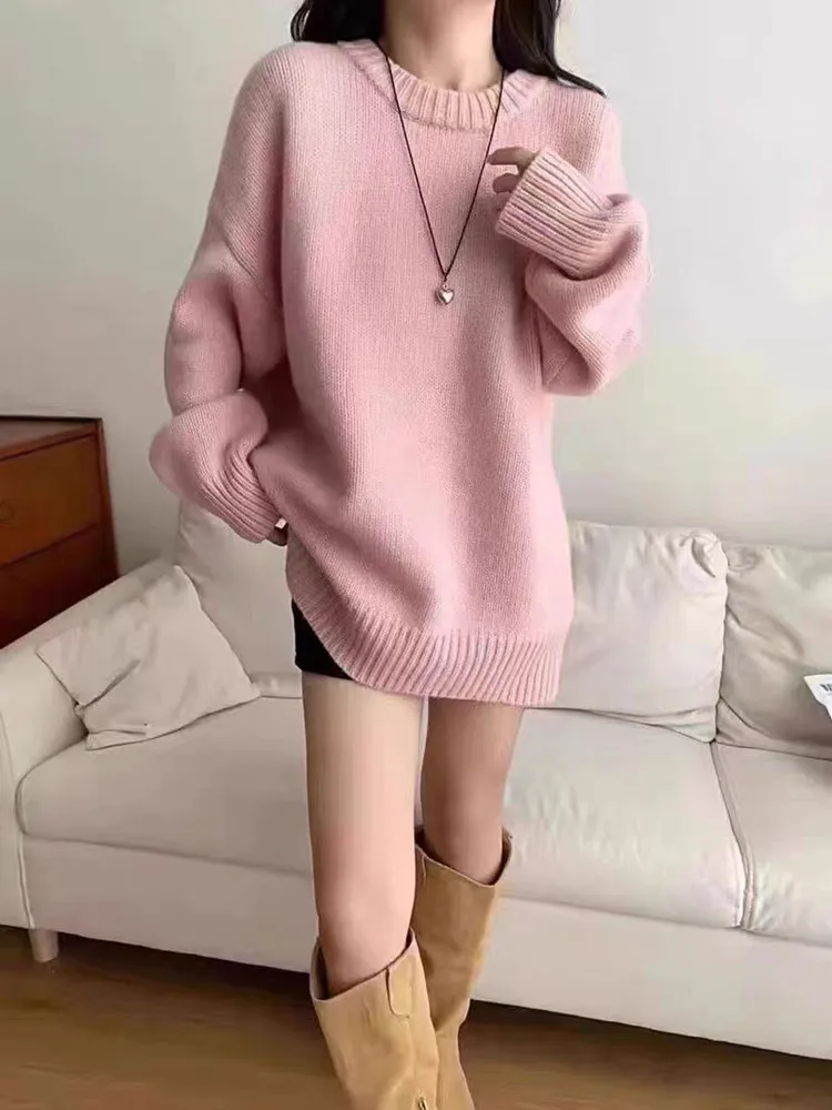 

Loose Large Cashmere Sweater Women Korean Mid Length 100% Pure Wool Knitted French Round Neck Pullover 2025 Autumn/Winter Jumper