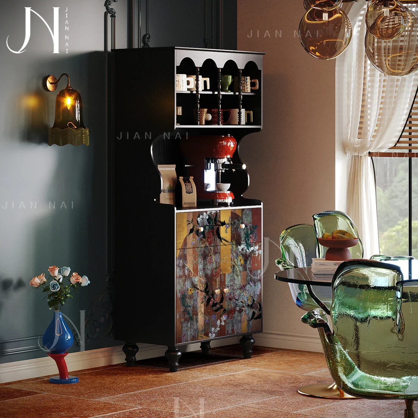 

TAORetro French style flower solid wood dining wine cabinet living room against the wall tea cabinet sofa side dining room