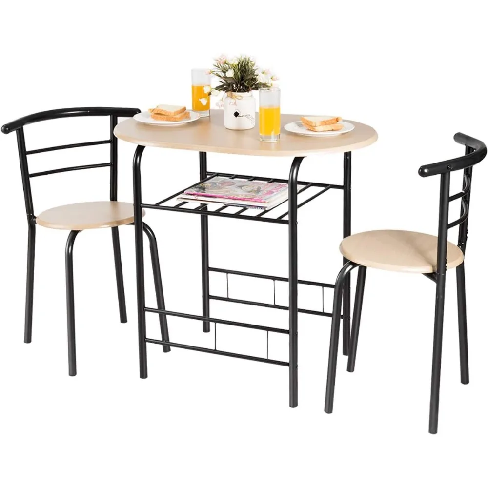 

Kitchen Table and Chairs Set with Open Shelf, Wood and Metal Dining Table and 2 Dining Chairs with Curved Backs, for Kitchen, Li