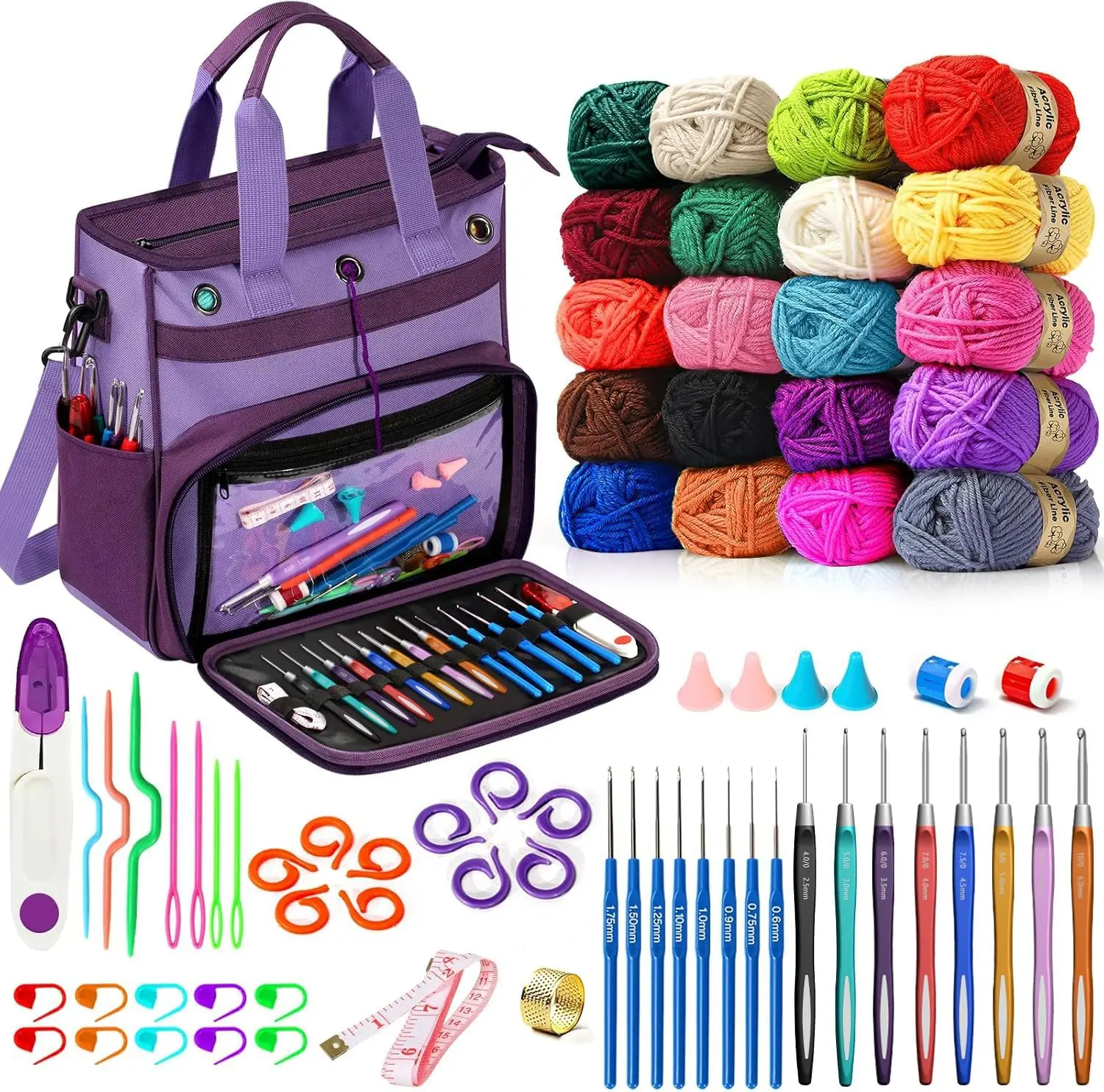 

74 Pcs Crochet Kit for Beginners with Large Storage Bag, 20 Yarn 16 Hooks and Accessories for Adults Elderly Dark Purple