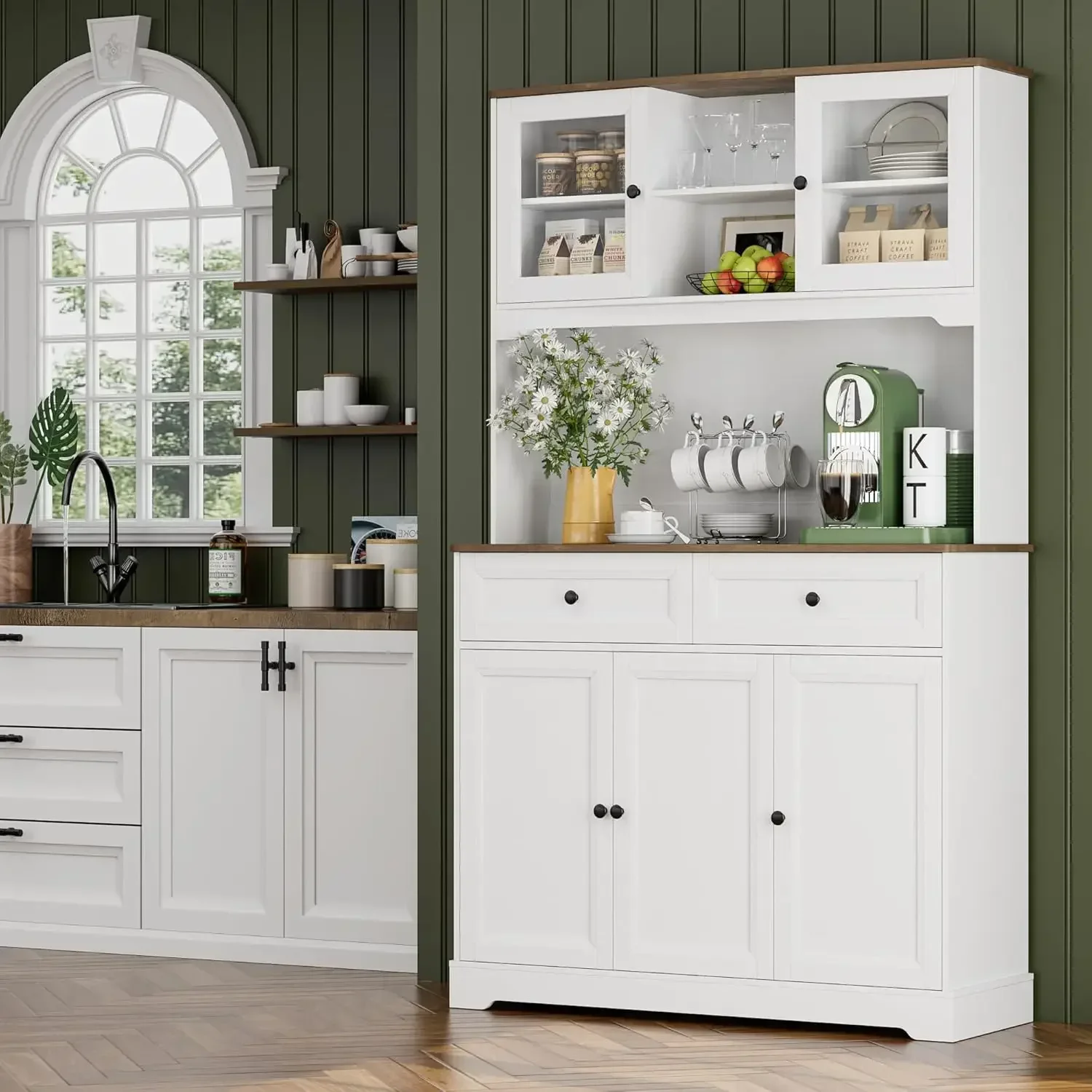 

Kitchen Pantry Storage Cabinet, Hutch with Buffet Cupboard, Tall Kitchen Cabinets with Adjustable Shelves