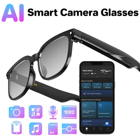 Smart camera glasses, 8-megapixel HD video recording glasses (with audio), Bluetooth-enabled photo-sensitive color-changing lenses, real-time translation, voice assistant, object recognition, and hands-free music and calls.