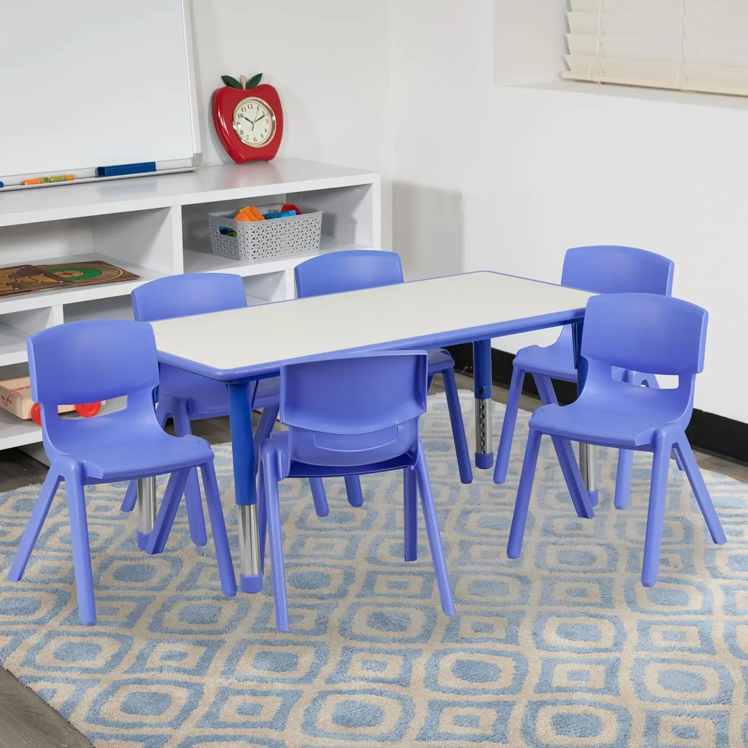 Mesa de actividades ajustable para el aula Emmy con 6 sillas apilables, mesa de actividades rectangular de plástico para niños