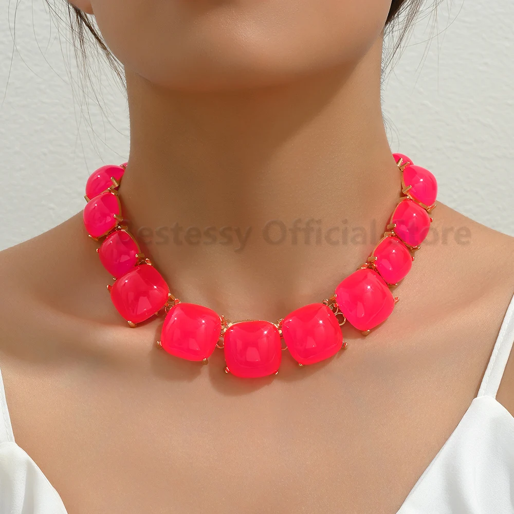 

New Fashion Hot Pink Resin Link Chain Choker For Women Luxury Statement Chunky Necklace Summer Decoration Collar Elegant Jewelry