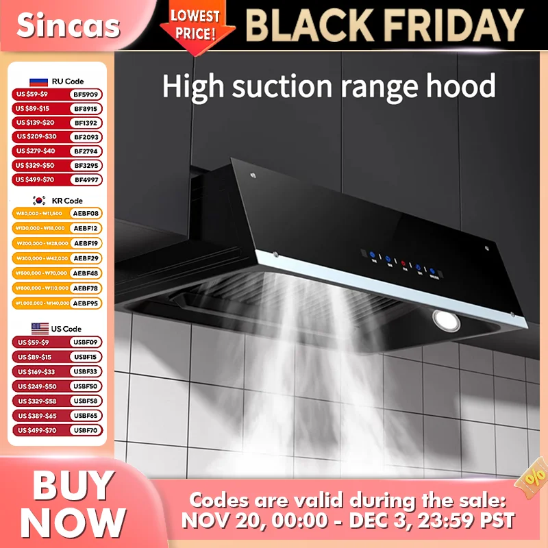 Strong Suction Force Kitchen Suction Hoods Home Kitchen 150-200W Top Suction Exhaust Cooker Major Appliance Home Tempered Glass