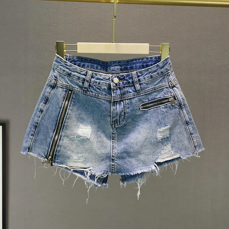 Summer New European High Waist Slim Zipper Decoration Denim Skirt Shorts Women's Anti-light Shorts