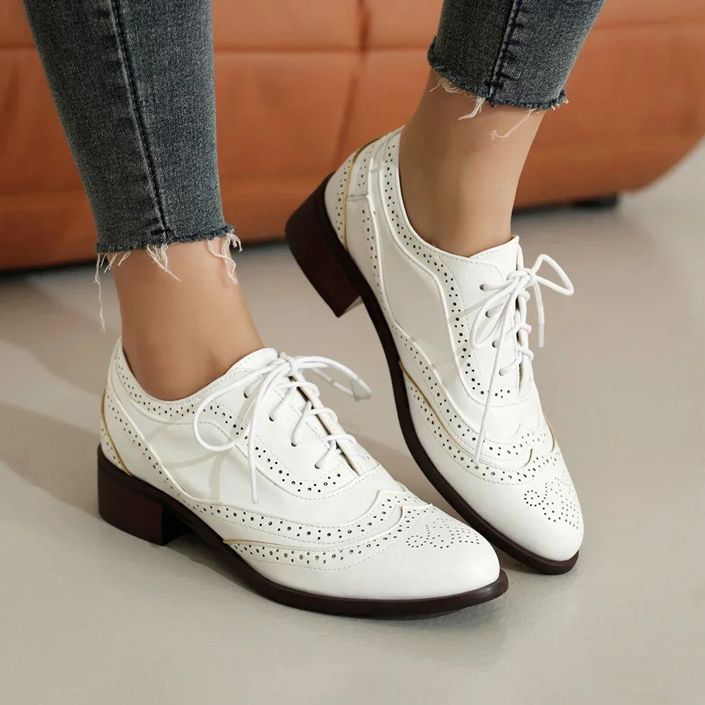 Lady British Style Leather Shoes Cross-Tied Patchwork Low Heels Chaussure Grain Texture Breathable Round Toe Oxfords Flats Shoes