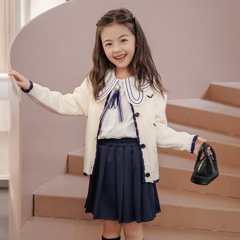 Spring Autumn Kids School Uniform Girls\' Clothing College Style Jk Skirt Set Knit Cardigan Shirt Pleated Skirt Y2k Foreign Style