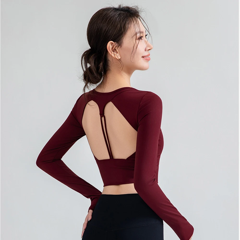 

Women's Sexy Back Long Sleeve Yoga Top, Cut Out Design Workout Shirt for Pilates, Slim Fit Athletic Top for Gym & Casual Wear