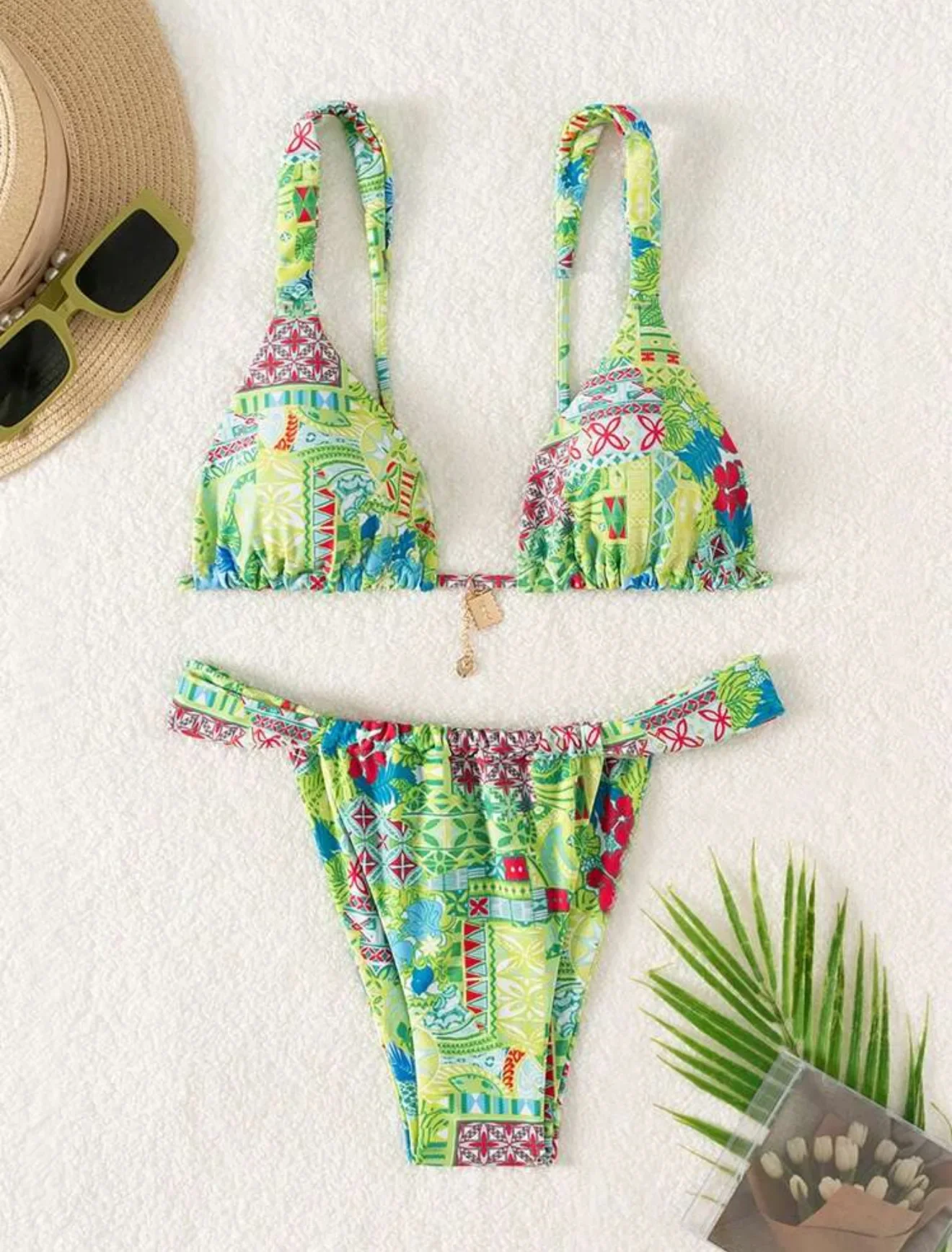 2026 Triangle Thong Bikini Strappy Printed Swimsuit Women Sexy Padded Swimwear Female Bathers Bathing Swimming Swim Suit Beach
