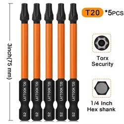 5Pcs T20 T25 Torx Screwdriver Bits 1/4 Inch 75mm Long Hex Shank Magentic Torx Bit Set S2 Steel Torx Head Drill Bits