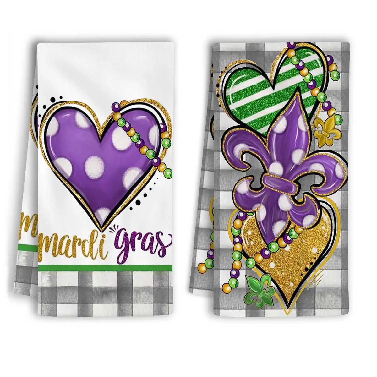 2PCS Mardi Gras Kitchen Towels Set of 2,Black Buffalo Plaid Heart Fleur De Lis Beads Dish Towels 18x26 Inch Drying Dishcloth