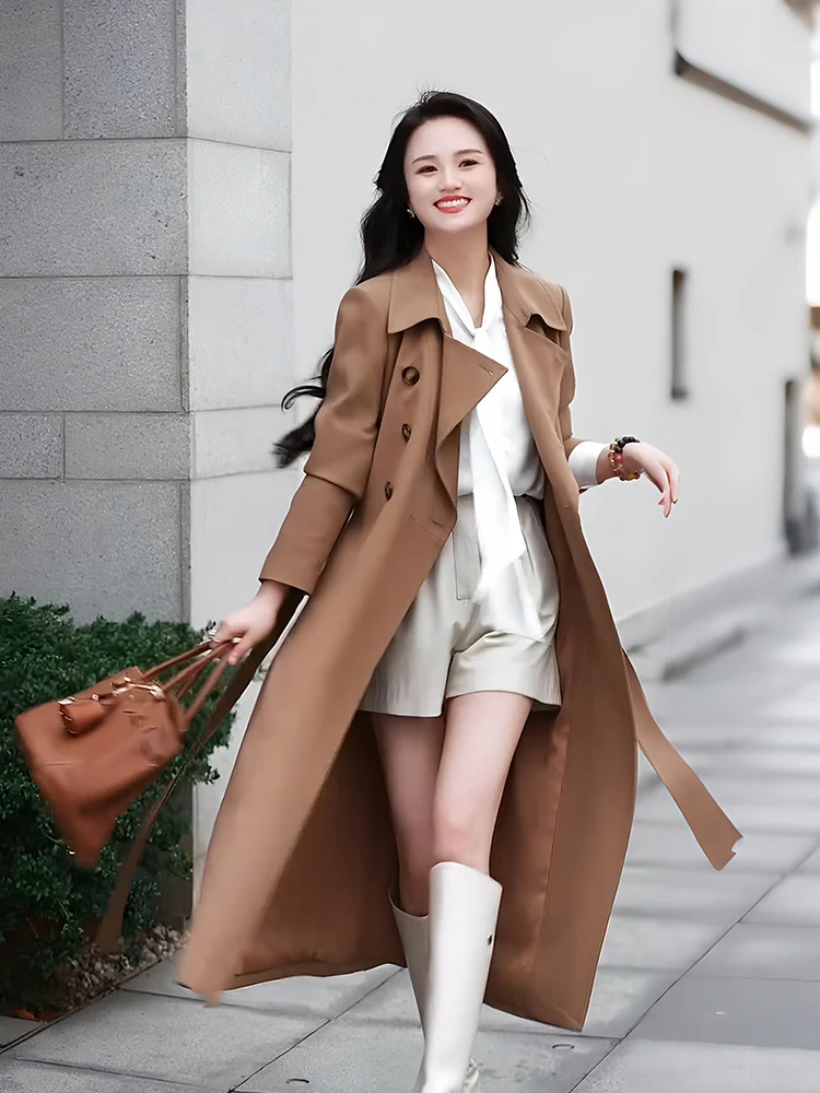 

Khaki Color Women's Long Coat Spring Autumn Briti Sle Retro Loose Fit Polyester Fiber 00% Button ket Element Commute