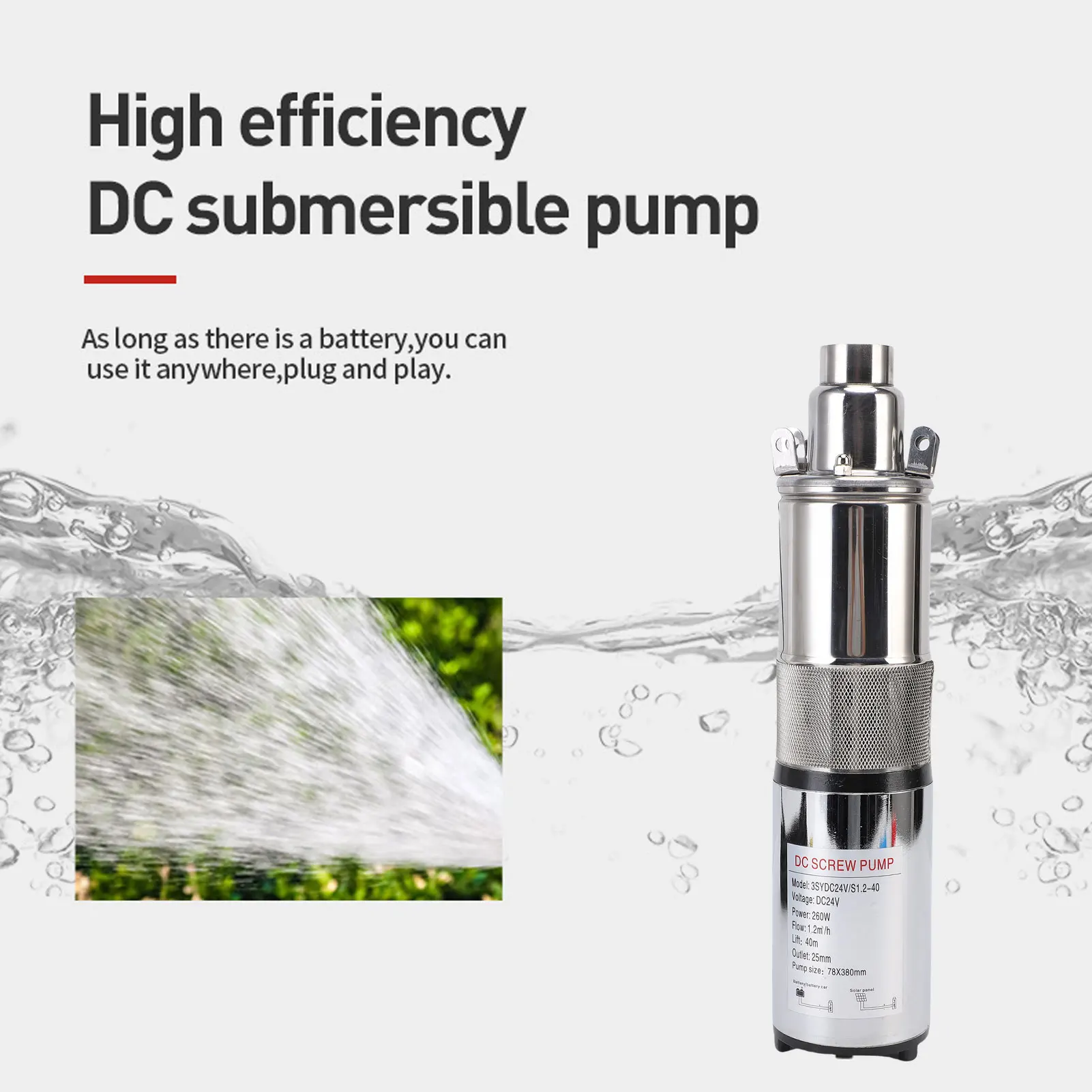 260W Deep Well Submersible Pump 1.2m³/h Maximum Flow 40m Head Solar Stainless Steel Screw Pump for Irrigation