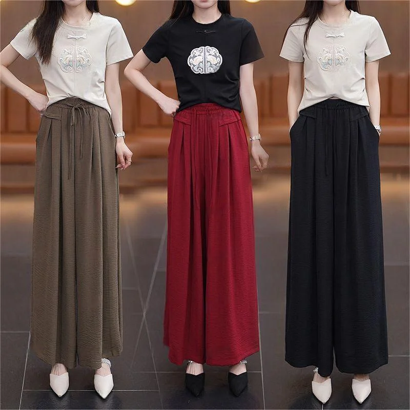 Women's 2024 Spring and Summer New Fashionable Thin Elastic High Waist Diamonds Solid Color Ruched Loose Casual Wide Leg Pants