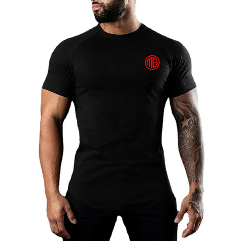 Summer Men Cotton Gym  Raglan Sleeve Breathable Workout Tee Running Basketball Training Top Elastic Absorb Sweat Fitness T-Shirt