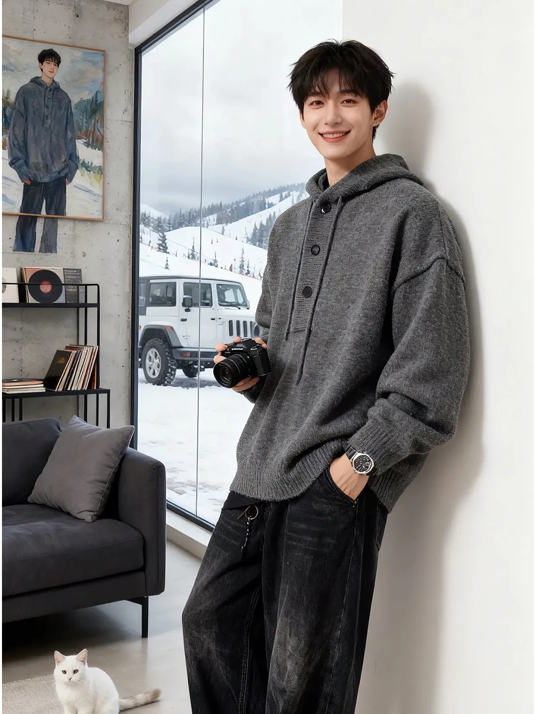 

Мужской осенне-зимний вязаный свитер с воротником хенли Deep ey American Sle, свободный крой, для пар, верхняя одежда